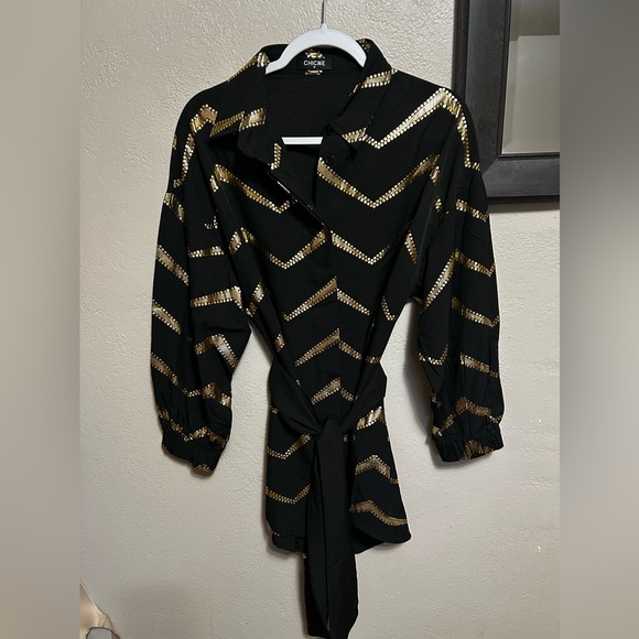 Metallic Gold Chevron Striped Long Sleeve Shirtdress - Picture 4 of 6